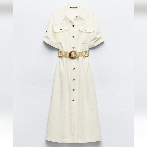 ZARA Linen Blend BELTED MIDI SHIRT DRESS - Picture 4 of 8